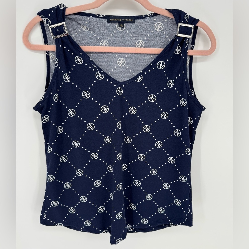 Adrienne Vittadini Women's Monogram Sleeveless Buckle Blouse Top